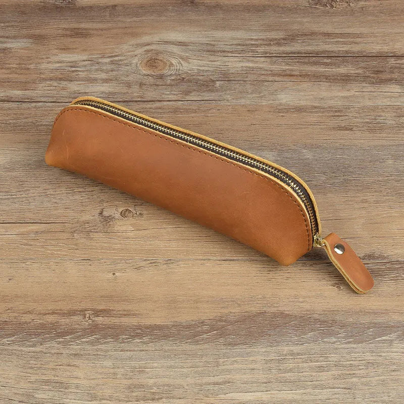 Handmade leather pencil case with zipper in black brown dark brown yellow colours