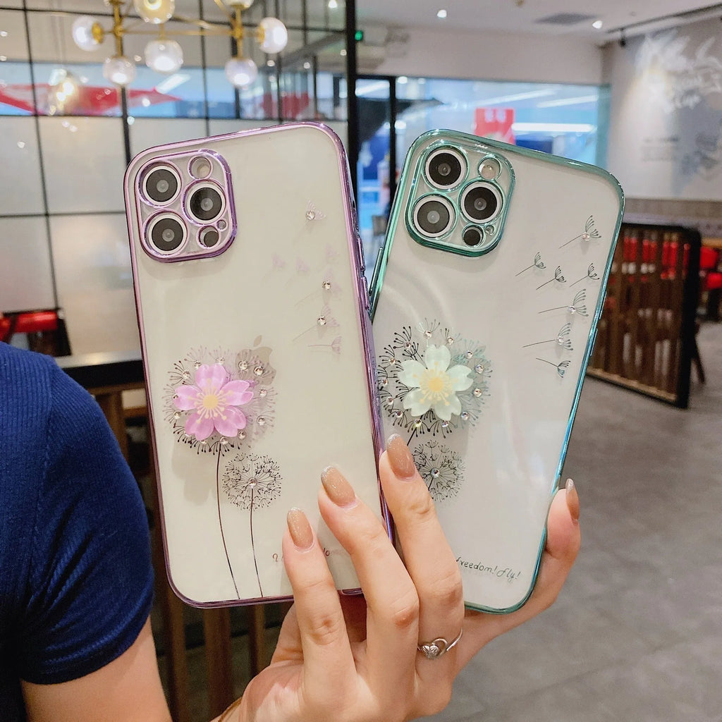 Green 3D floral patterned iPhone case with a silver rotating ring stand on the back.