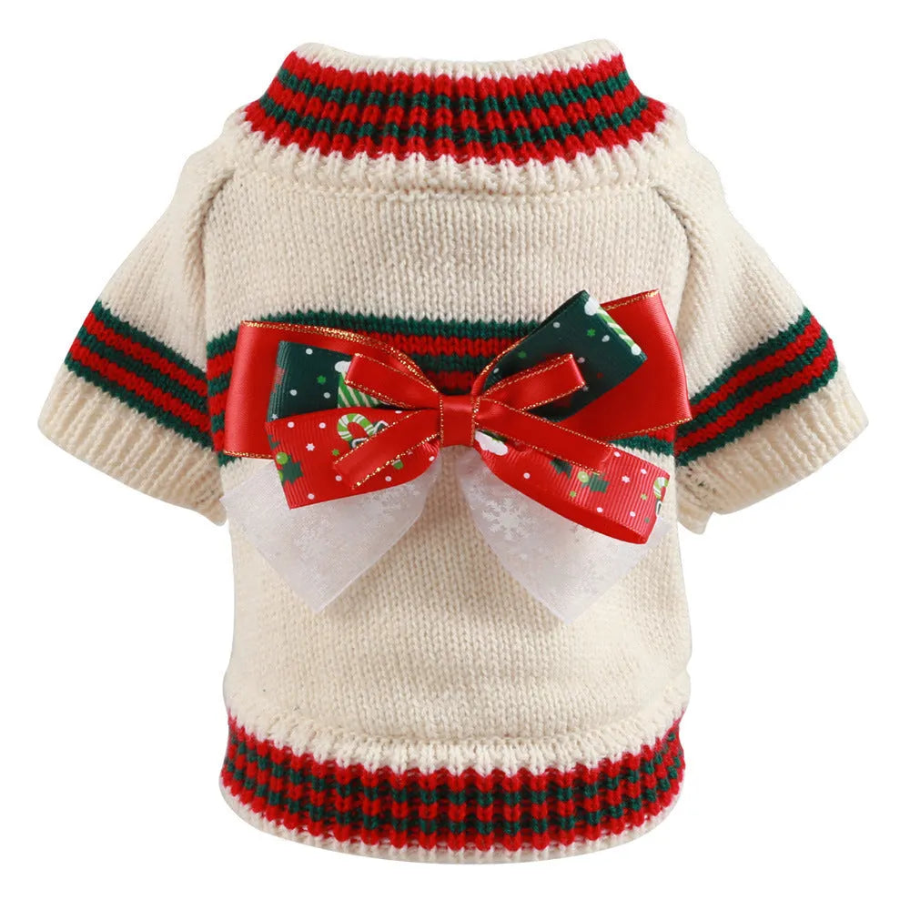 Red or green Christmas-themed polyester sweater for small dogs or cats on a festive background