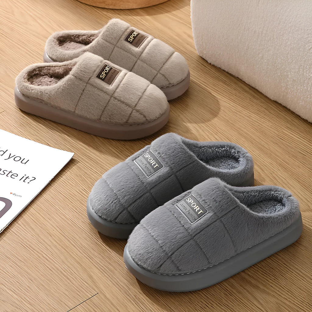 Men's grey and brown plaid winter slippers with thick woolen bottom and rabbit hair upper