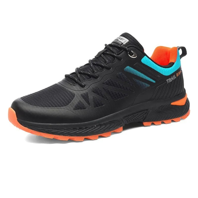 Men's black breathable mesh running shoes with orange accents and a rubber sole