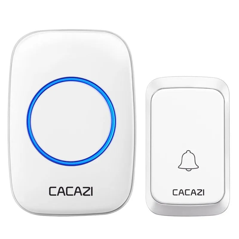 Wireless battery-powered DC doorbell with black transmitter and receiver for outdoor use 300 metre range