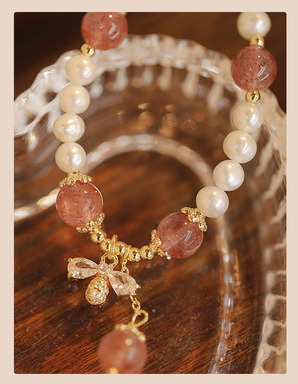 Strawberry quartz crystal bracelet with stringed pearls and bow charm in INS style