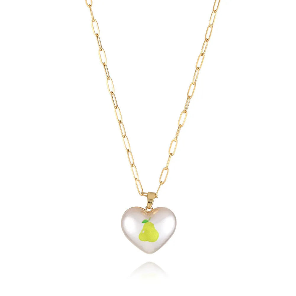 Geometric fruit pendant necklace with adjustable chain showing apple, pineapple, strawberry, cherry and pear designs