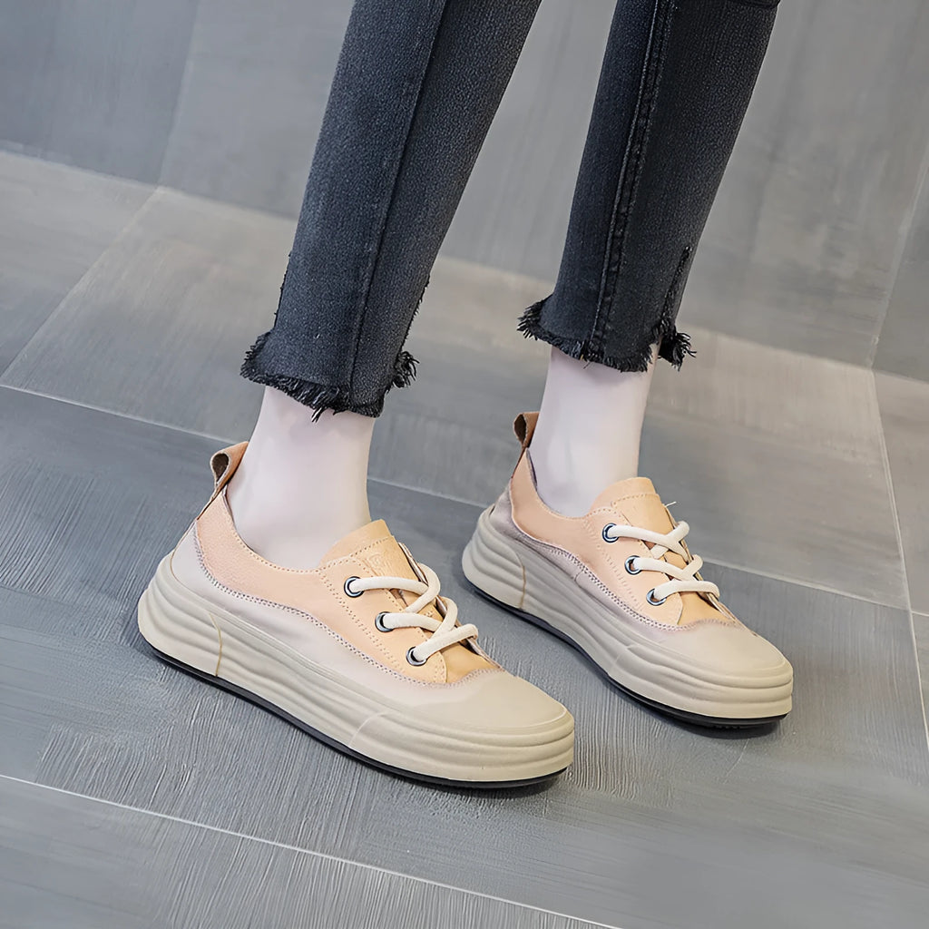 Women's leather platform sneakers in matcha green, purple, and orange colours with round toe and lace-up front.