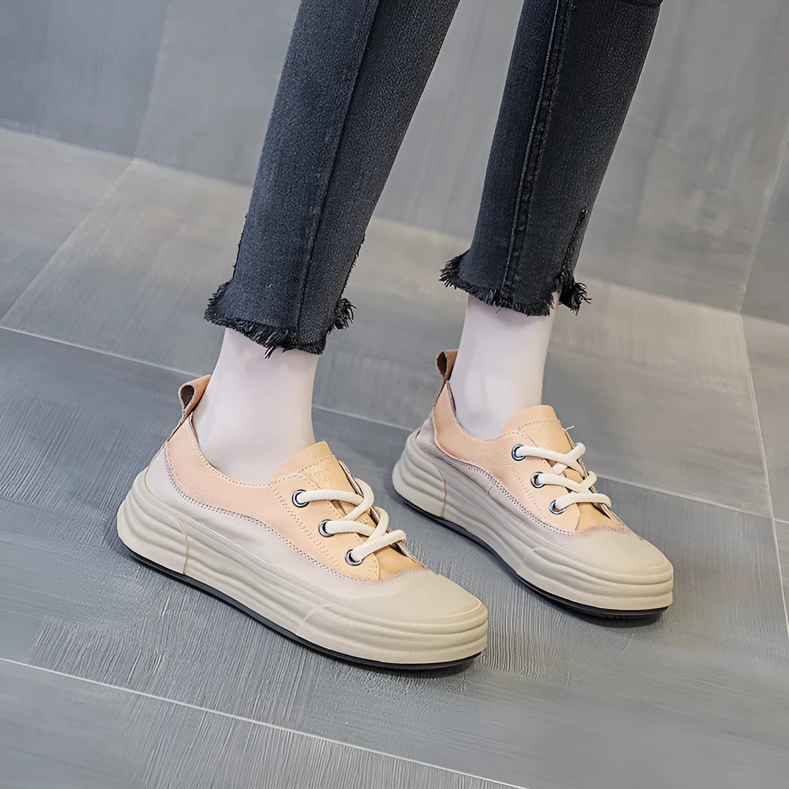 Women's leather platform sneakers in matcha green, purple, and orange colours with round toe and lace-up front.