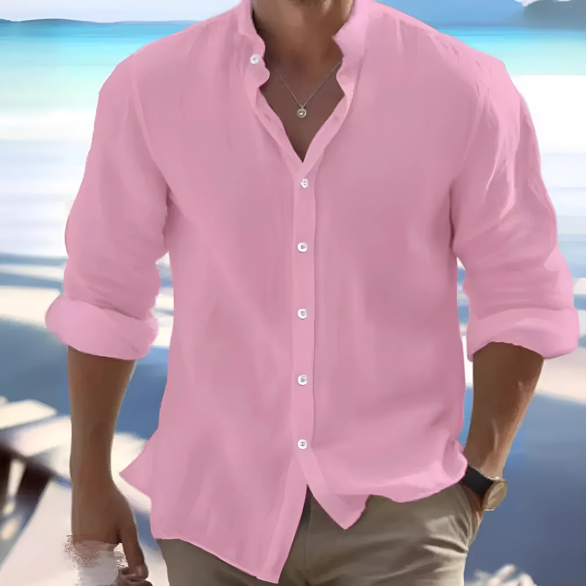 Men's long-staple cotton summer beach shirt in light grey with button front and casual pullover style