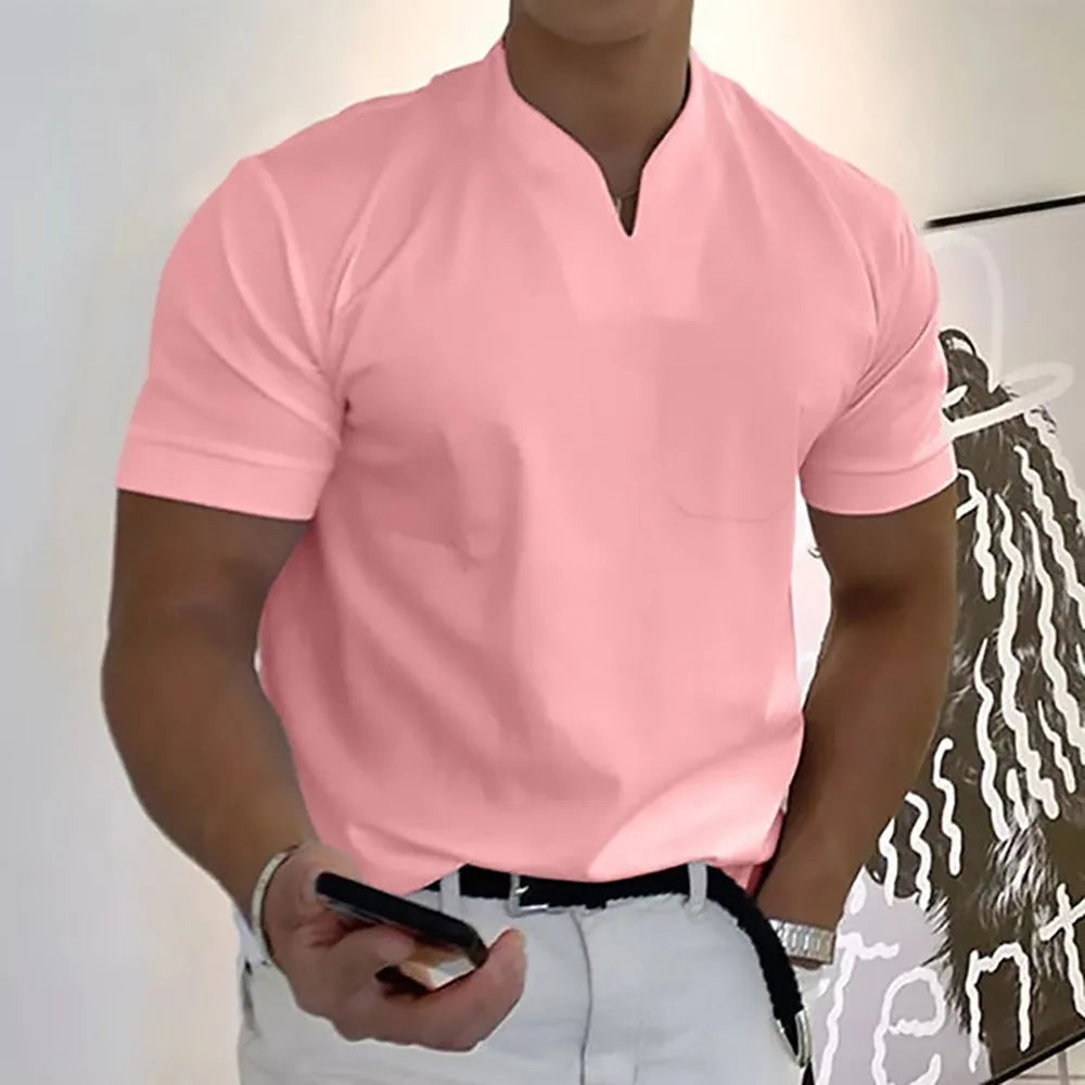 Men's summer short sleeve shirt with pocket in light grey, loose stand collar fit with plain pattern, plus size S-5XL