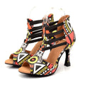 Women's high-top sandals in green synthetic leather with suede sole, on a neutral background