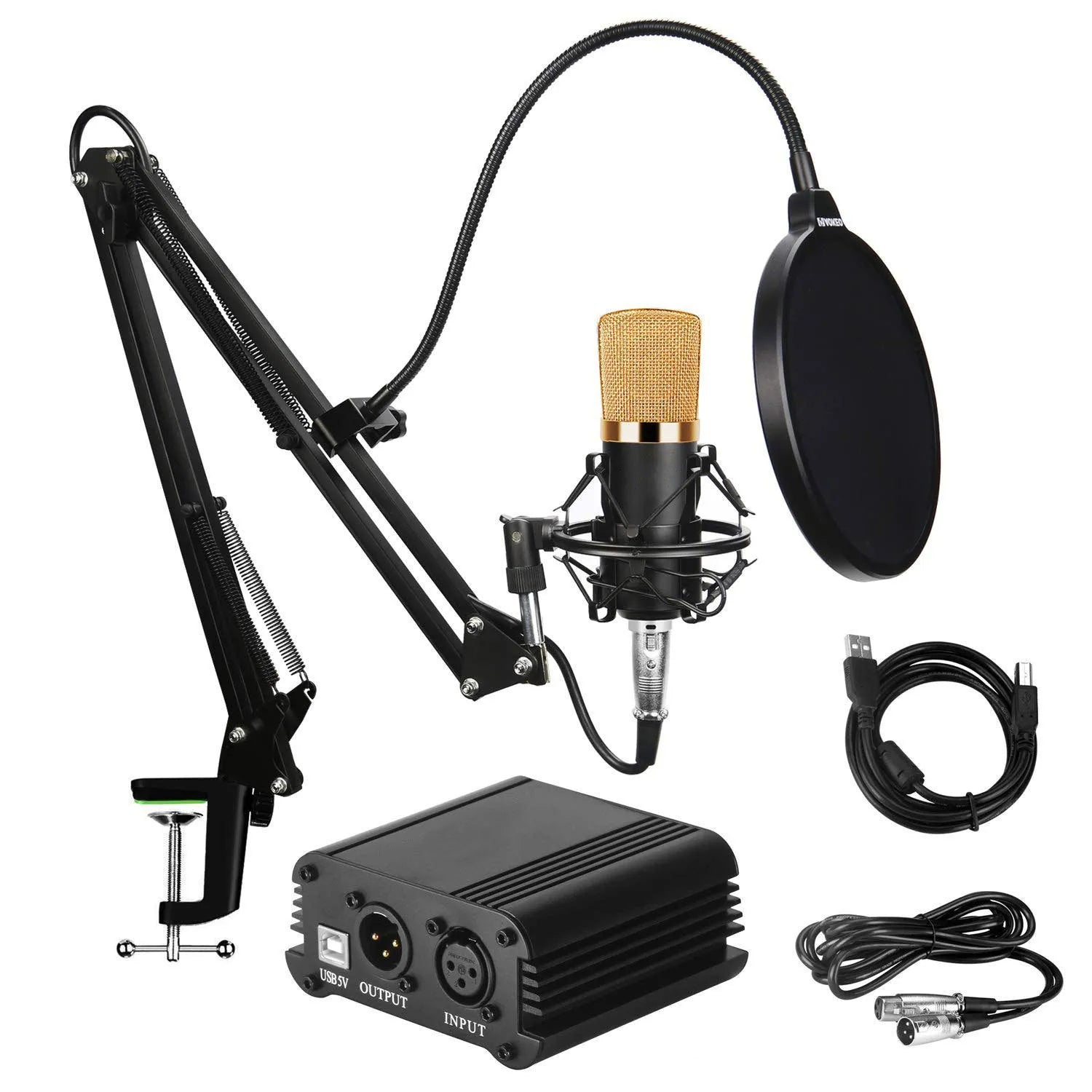 Condenser microphone with metal shock frame and power supply set, 165x47mm