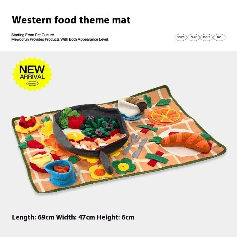 Plastic fabric dog sniffing mat with textured surface for hiding food treats, showing multiple theme design options