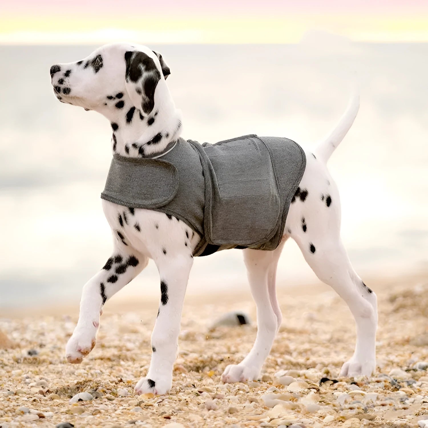 Heather Gray brocade cotton dog anxiety jacket vest shown on a model dog.