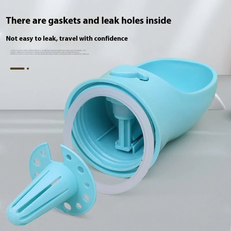 Blue two-in-one dog water cup showing combined drinking bowl and water storage bottle design