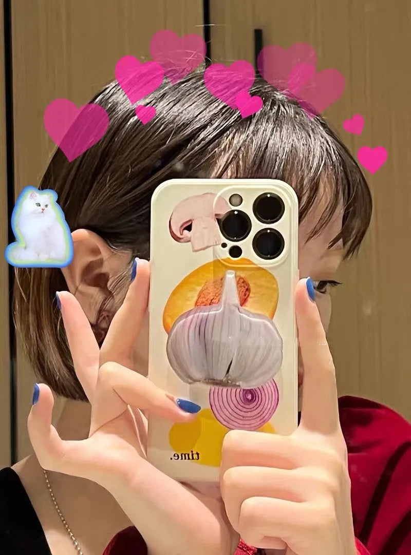 Anti drop liquid silicone phone case with spinach tomato yellow peach art design for iPhone