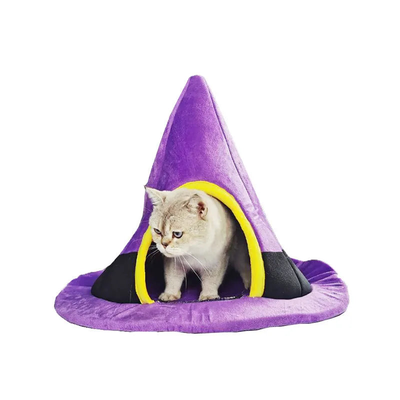 Purple witch hat shaped cat bed for pets, dimensions 60cm by 45cm