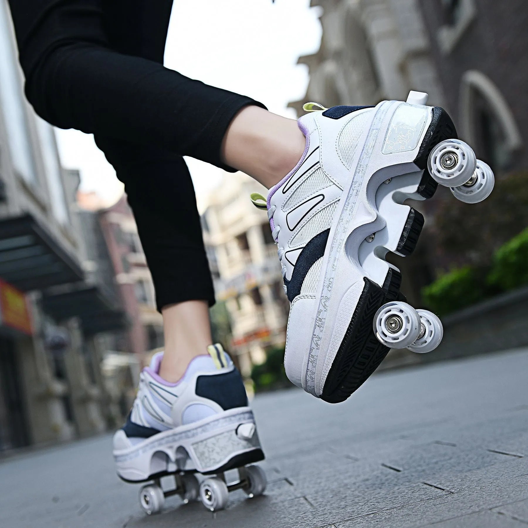Four Wheel Rampage roller skates with seven-colour breathing light, double-row PU wheels, grape purple colour variant