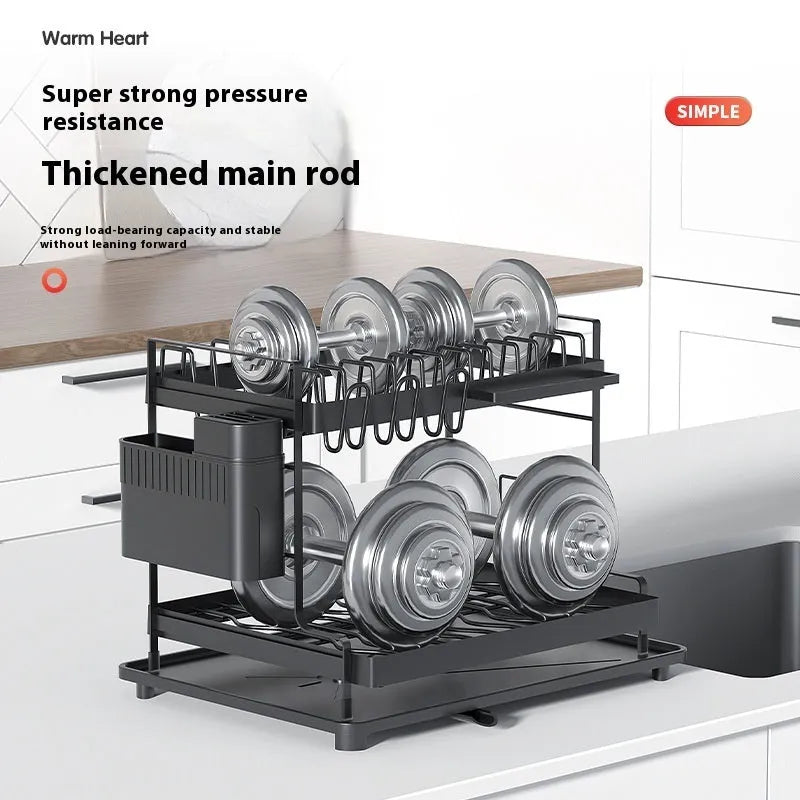 White double-layer kitchen storage rack with removable draining components on carbon steel frame