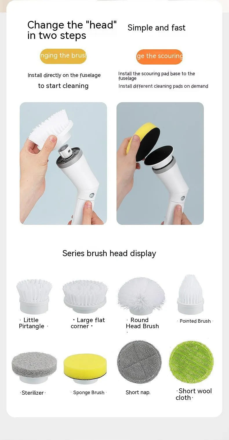 White electric scrubber cleaning brush with long telescopic handle and Type-C charging interface on a floor