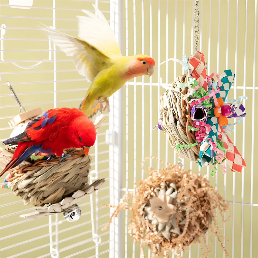 Set of three natural wood gnawing blocks for parrot chewing toy.