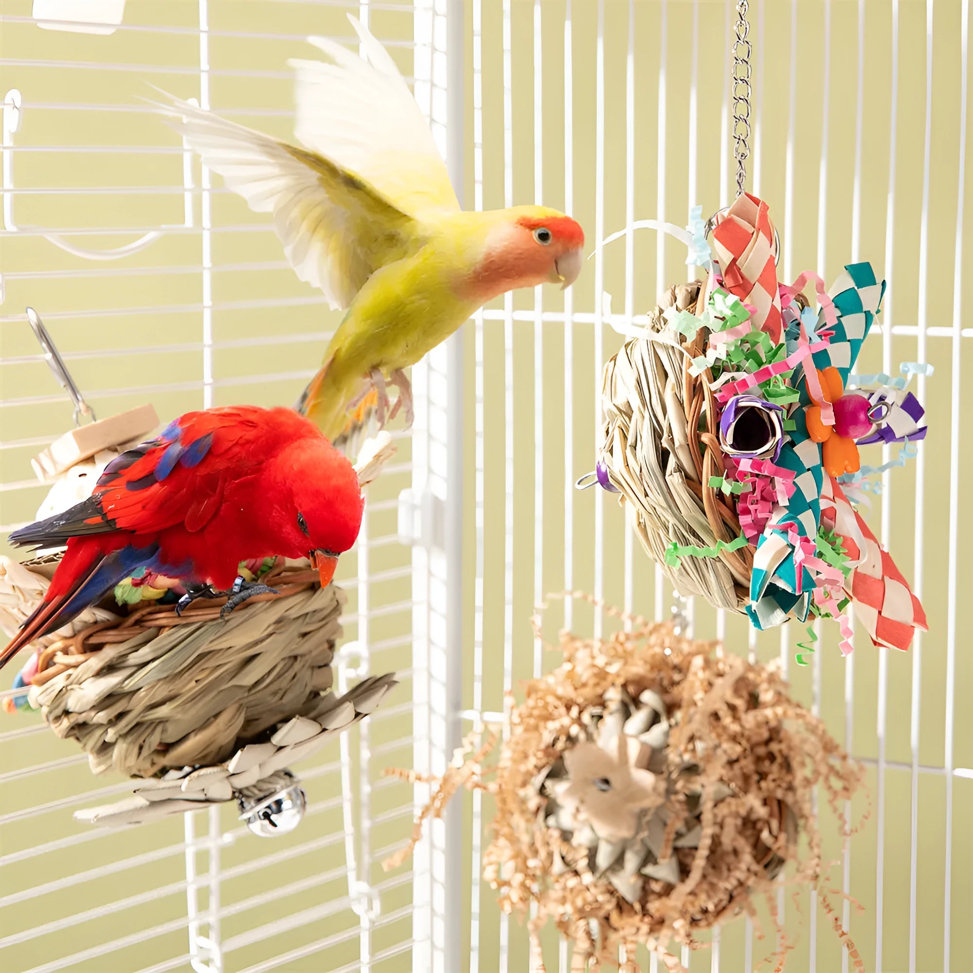 Set of three natural wood gnawing blocks for parrot chewing toy.