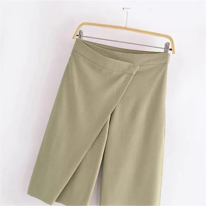 Women's casual linen blend trousers in khaki, straight leg with mid rise waist, laid flat on neutral background