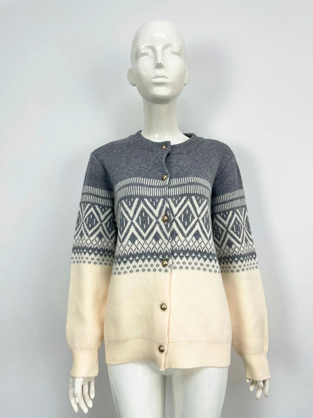 Women's grey alpaca wool diamond knitted cardigan with contrast colour sleeves
