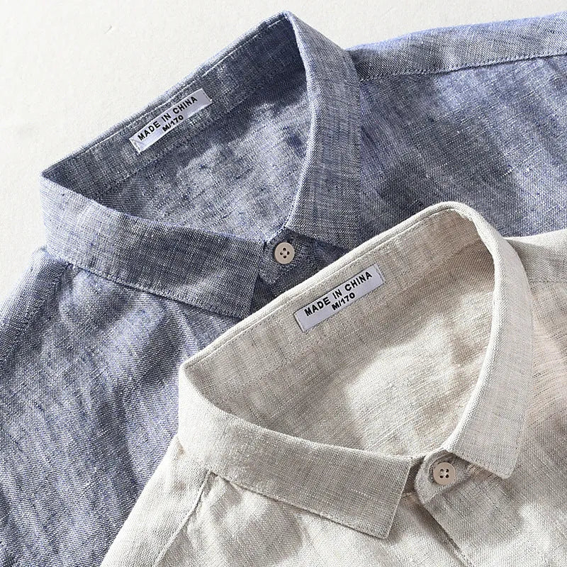 Men's short sleeve linen casual shirt with a square collar in raw jute colour.