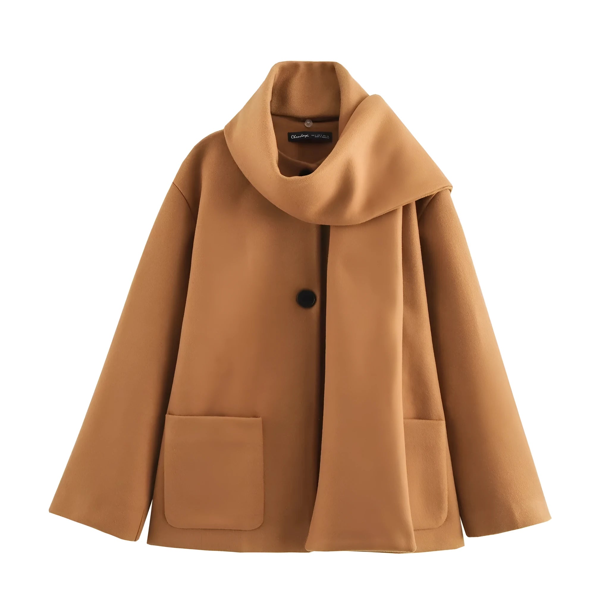 Women's long black polyester winter coat with a fluffy artificial fur collar, shown in a street fashion style.