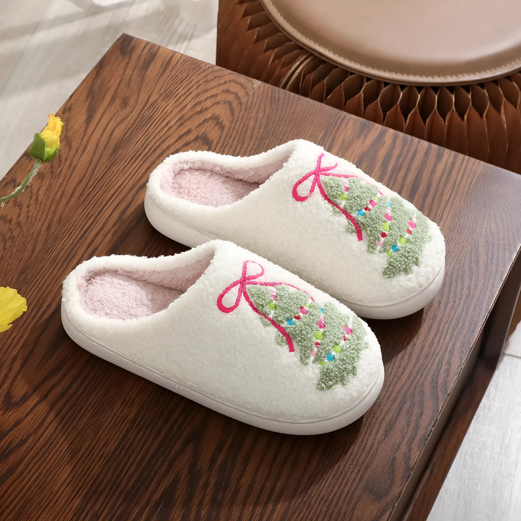 Fashion bowknot Christmas tree cotton slippers plush thickening round head for men women