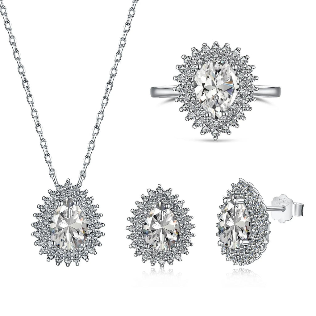 Sterling silver water droplet jewellery set necklace ring earrings golden white