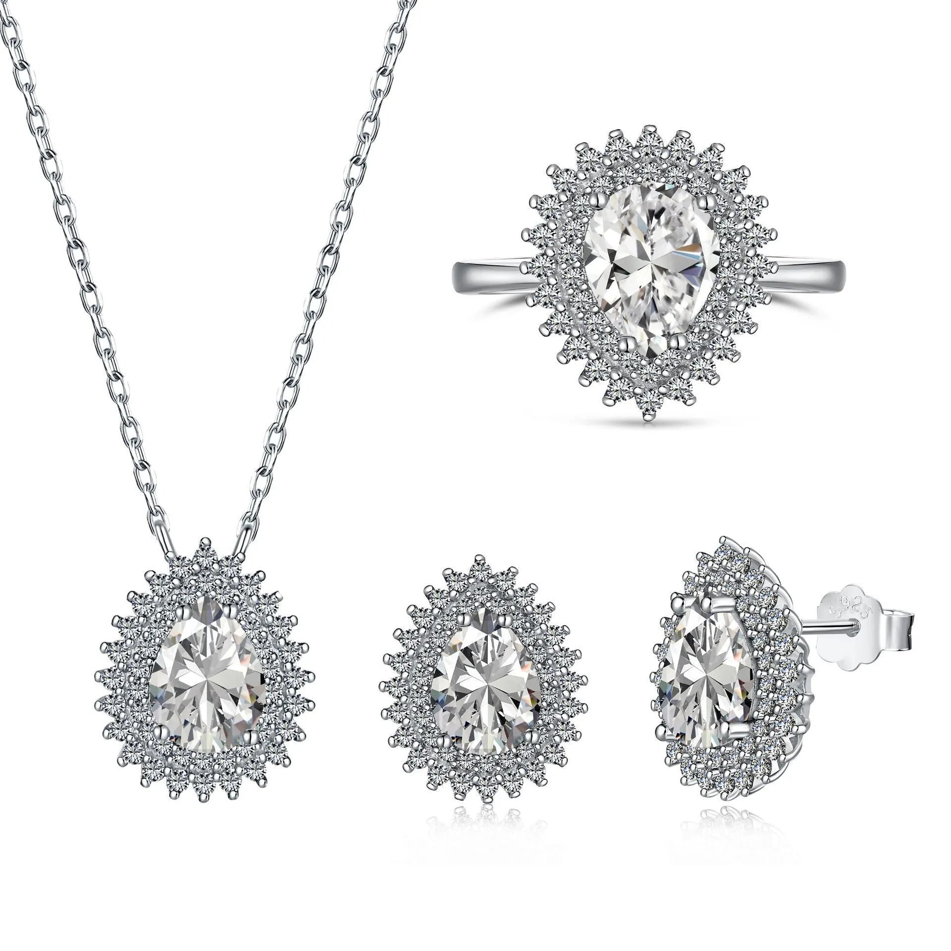 Sterling silver water droplet jewellery set necklace ring earrings golden white