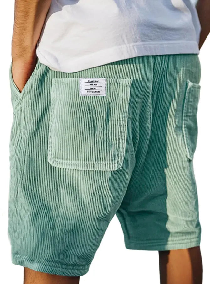 Men's gray corduroy shorts with multiple pockets and embroidery detail on straight-leg summer design