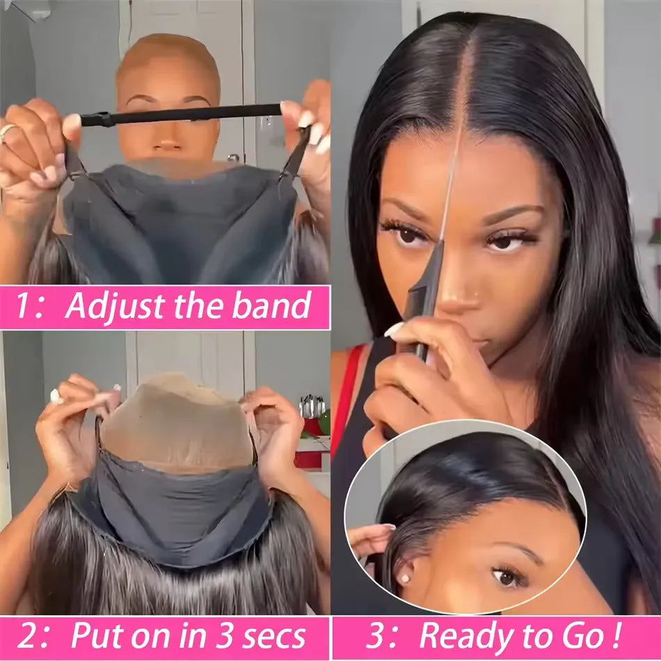 Glueless straight human hair wig with side bangs, shown in a long length.
