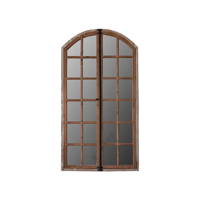 Terrace distressed fake window wall mirror with log colour finish and wooden glass construction