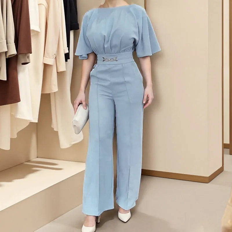 Blue men's casual polyester suit with long sleeve jacket and matching trousers