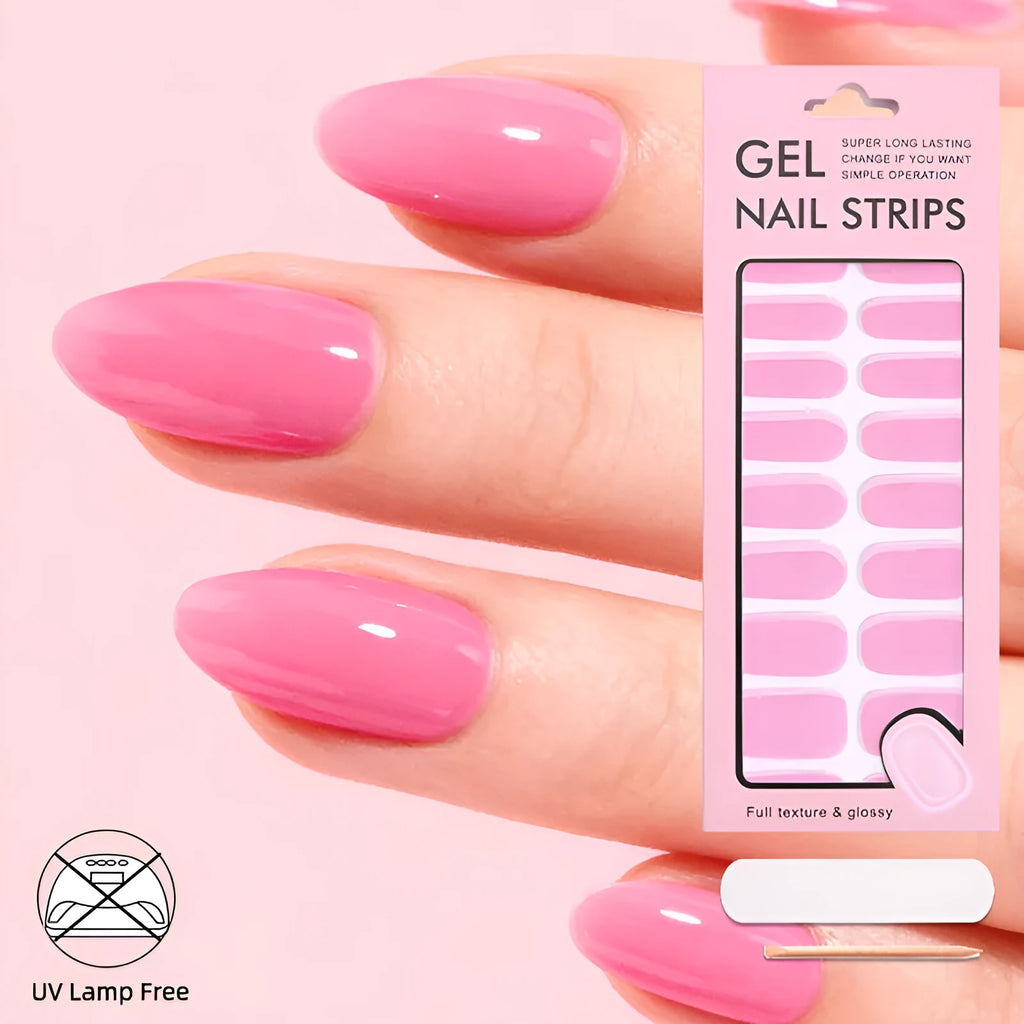 No-bake gel nail sticker set with alcohol swabs, nail file, and wooden stick on cardboard backing, showing various patterns