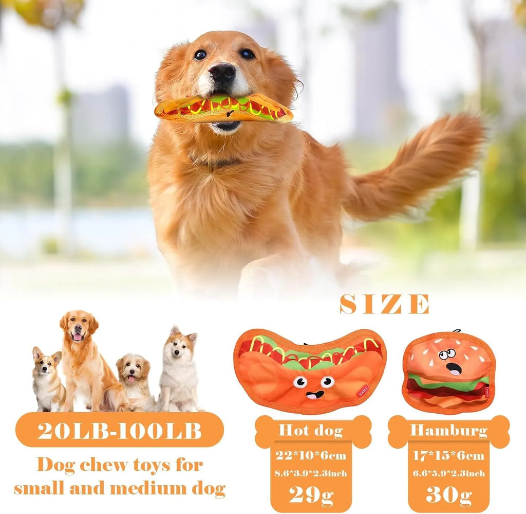 Hamburger shaped crinkle and squeak dog toy with no stuffing for safe interactive play