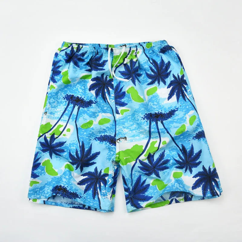 Men's floral print five-point swimming trunks in polyester, showing one of 24 available colour patterns.