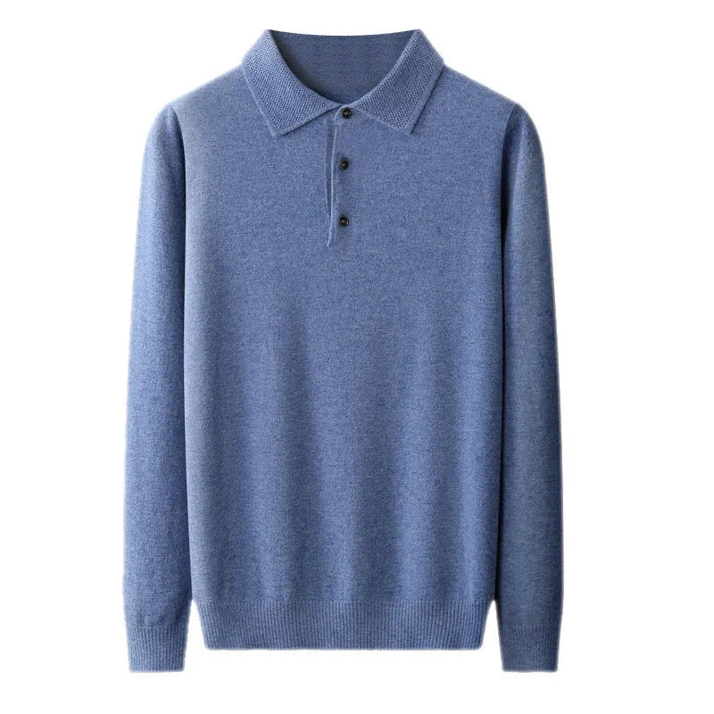 Men's wool polo collar pullover sweater in multiple colours with long sleeves and collage stitching detail.
