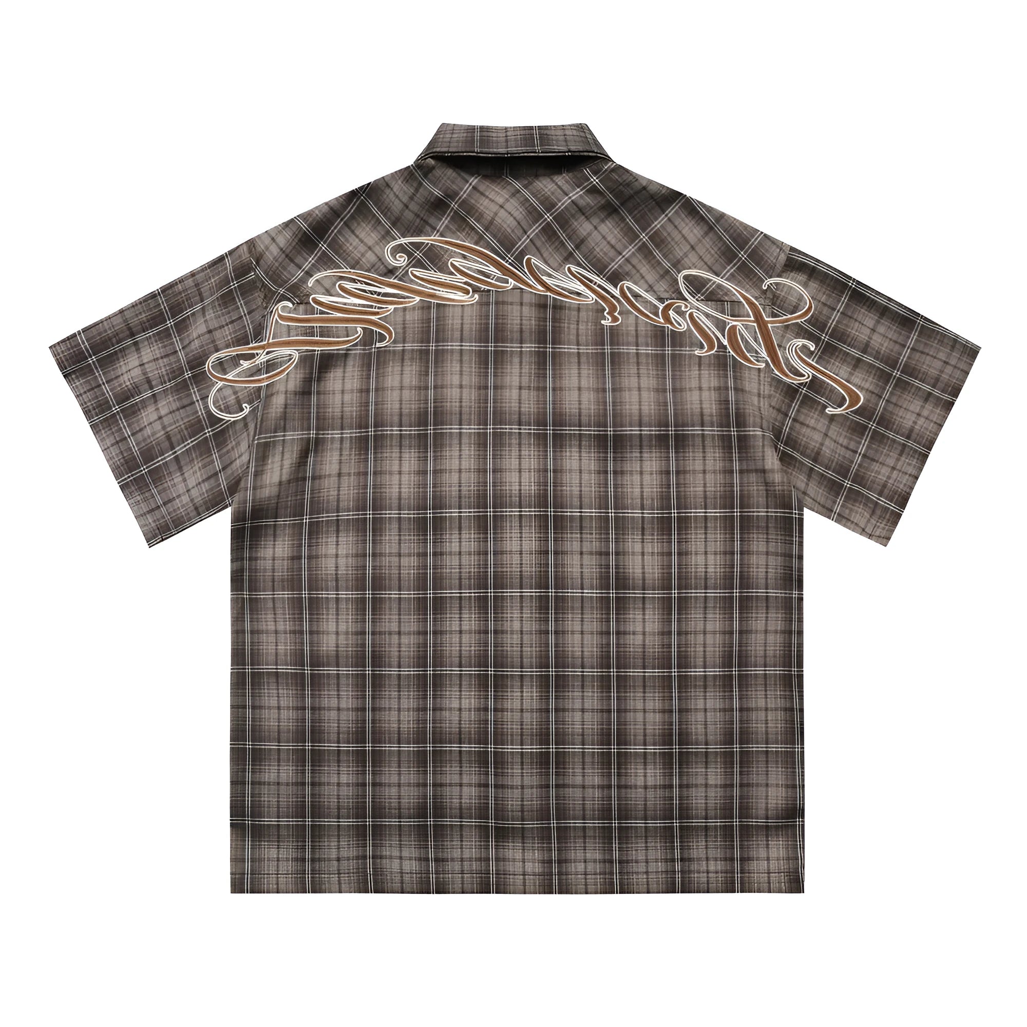 Men's black and brown plaid short sleeve shirt with embroidered letter and lapel collar.
