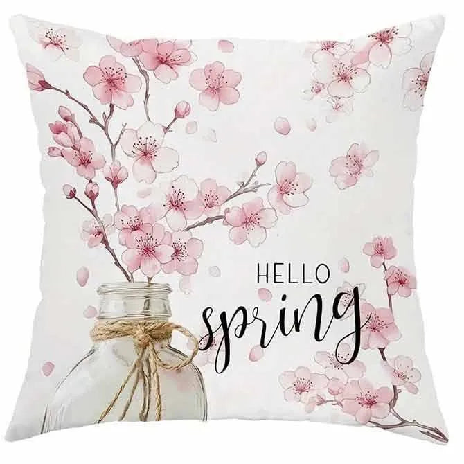 45cm square short velvet cushion cover with spring cherry blossom and letter print in assorted colours.