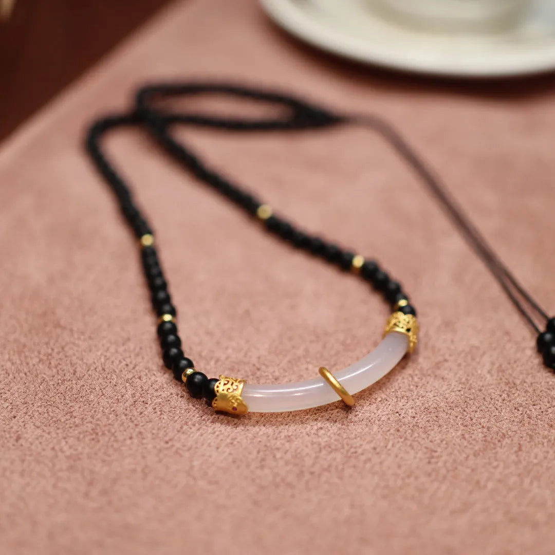 Natural frosted black agate white chalcedony necklace with 925 silver pendant on ball bead chain, matte black colour