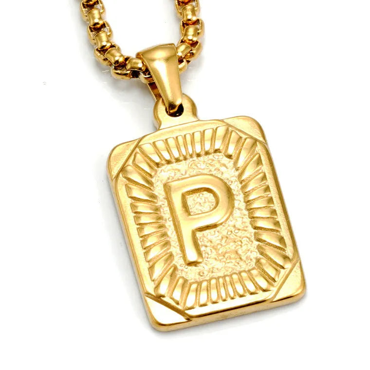 Gold-plated 18K titanium steel letter pendant necklace with pearl chain, gold colour, unisex design