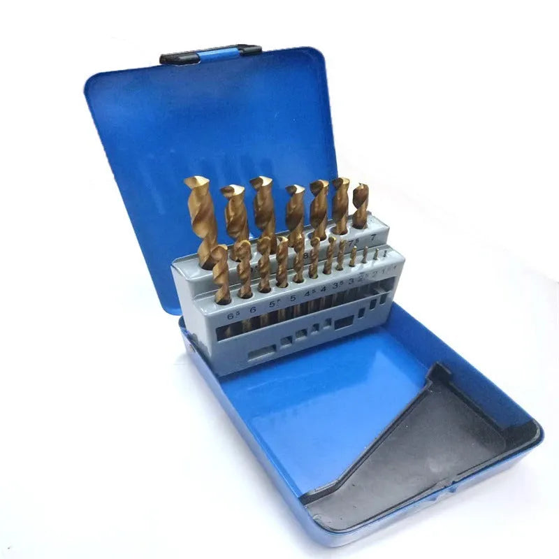 19-piece set of titanium-coated twist drill bits in an iron storage box