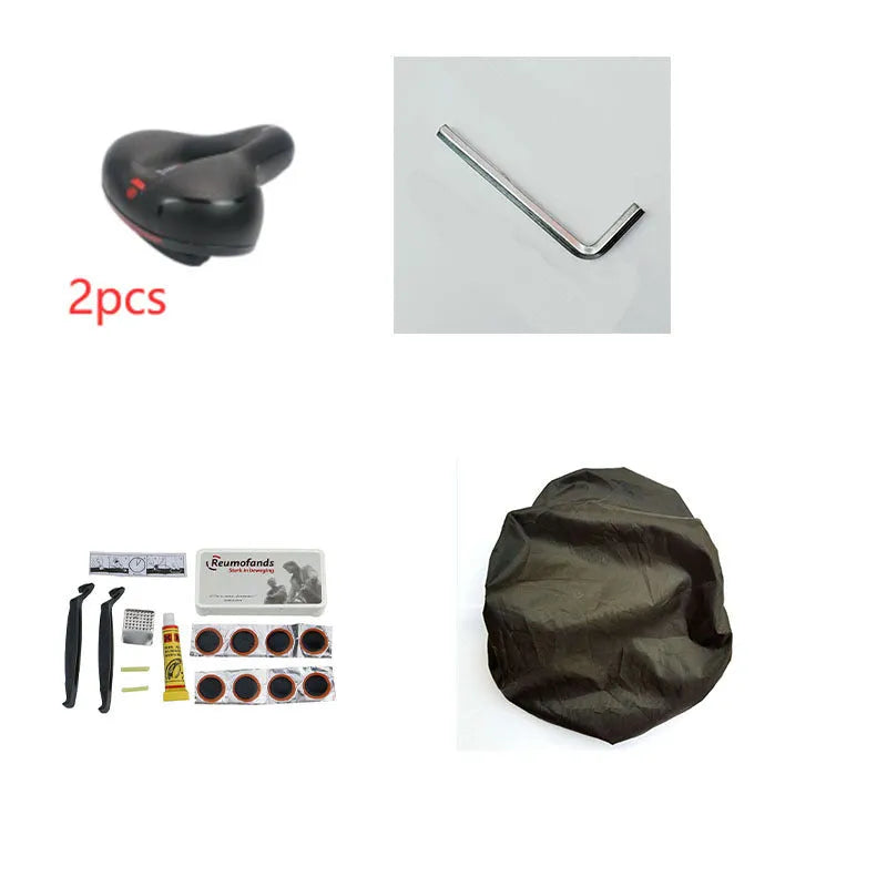 Bicycle cushion with soft padding and PU leather cover, includes waterproof cover and maintenance tools