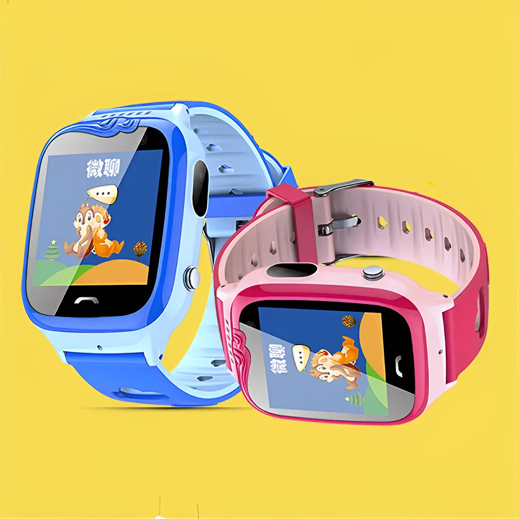 Children's smart phone watch with pink or blue silicone strap and touch screen display