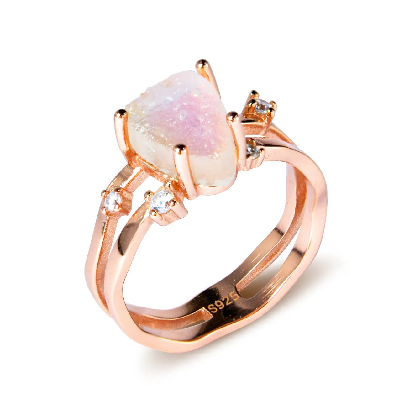 S925 sterling silver geometric triangle moonstone ring in rose gold, white gold, and yellow gold plating.