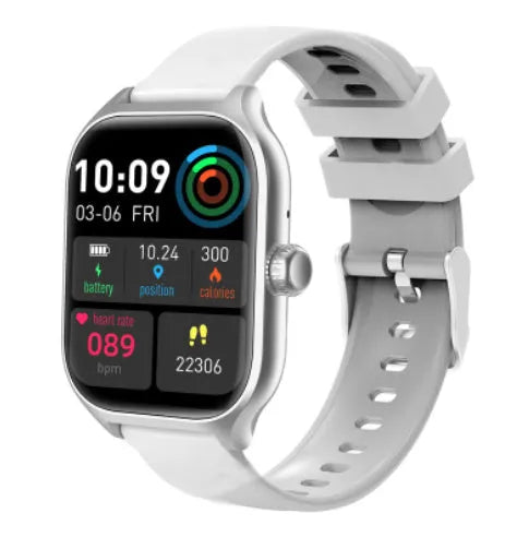 Bluetooth smart watch with touch screen display showing health metrics and call function