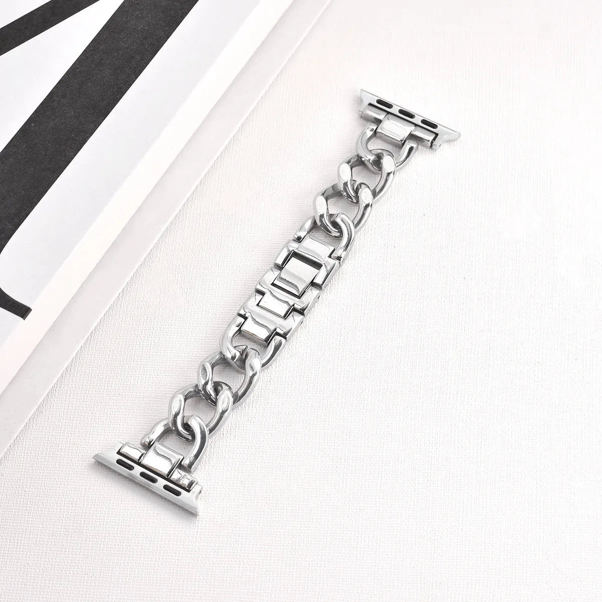 Metal denim chain Apple Watch replacement strap in silver, black, gold, rose gold, and Starlight colours for 38-49mm cases