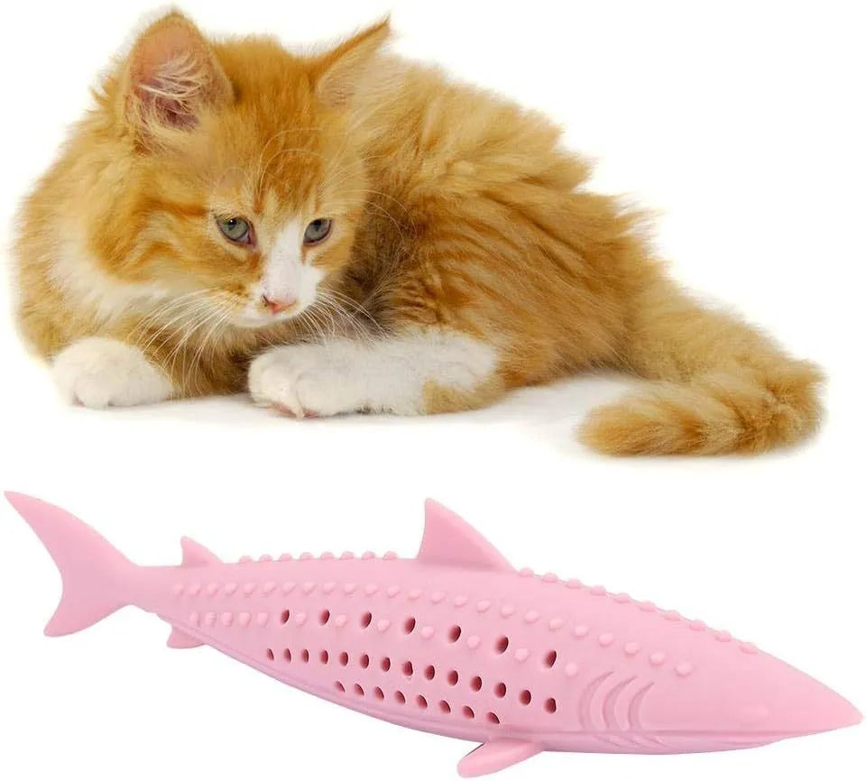 Green silicone fish-shaped cat chew toy with breathable side holes for catnip scent